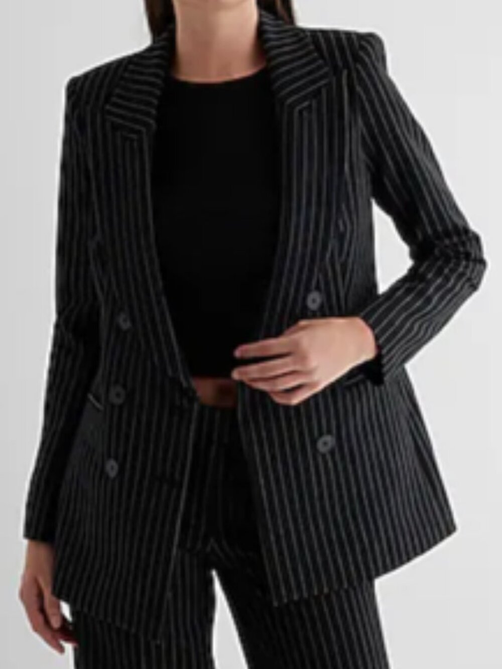 Express Pitch Black Pinstripe Double Breasted Stretch Blazer